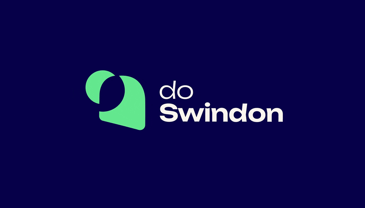 Animated Do Swindon logo, with see, hear, feel and love.
